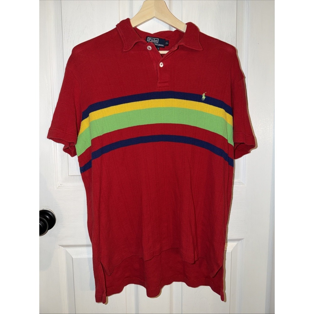 Vintage 80s Polo Ralph Lauren Rainbow Stripe Polo Shirt XL Waffle Cotton